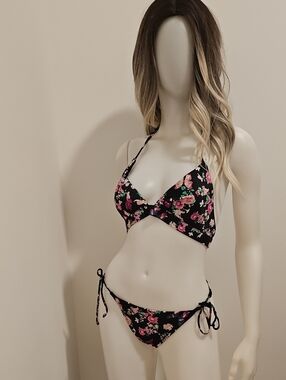 Victoria's Secret Black Floral Tie-Side Bikini with Pink Roses